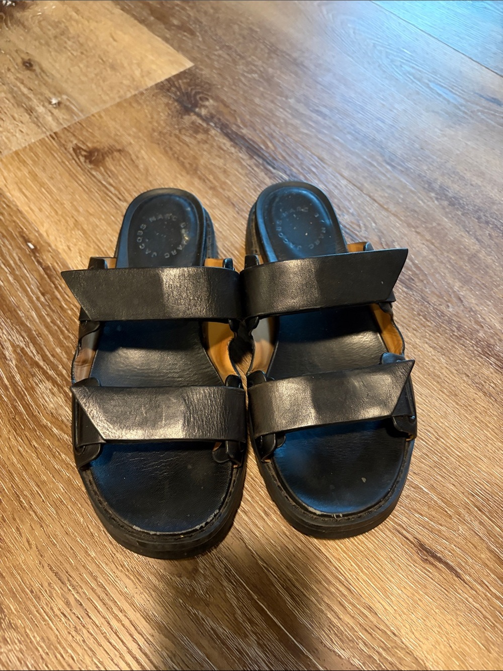 Marc Jacobs Black Leather Double-Strap Slide Sandals